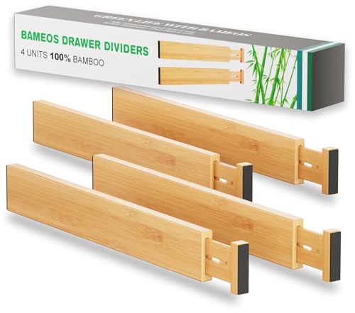 BAMEOS Bamboo Expandable Drawer Dividers – Fits 16.6"–22" Drawers, 2" High, Set of 4 | Spring-Loaded Bamboo Separator for Kitchen Island, Bathroom Vanity & Dresser Drawers - size: 2''H, 16.65''-22''L