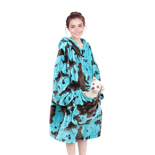 Turquoise Wearable Blanket Hoodie - Warm & Cozy Plush Fleece Sweatshirt Blanket Teal Blue Gifts for Men Women Birthday with Giant Hood Pocket and Sleeves - color: Black Blue, size: Adult