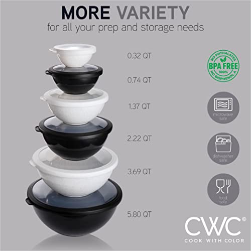COOK WITH COLOR Mixing Bowls with TPR Lids - 12 Piece Plastic Nesting Bowls Set includes 6 Prep Bowls and 6 Lids, Microwave Safe Mixing Bowl Set (Black and White) - color: Black and White TPR Lids