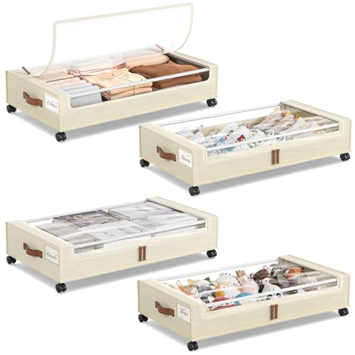 Yecaye 4 Pack Under Bed Storage with Wheels, Under Bed Storage Containers with Lids, Large Under Bed Rolling Storage with Clear Window & Label, Rolling Drawers for Clothes, Blankets, Books - color: Beige, size: Large(4pack)
