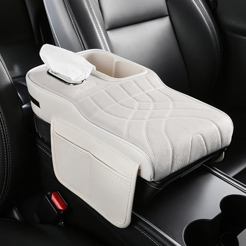 FREESOO Suede Car Center Console Cover, Fuzzy Armrest Cover for Car, Universal Middle Console Cushion with Storage Box, Cup Holder, Tissue Box, Phone Slot, Luxury Interior Accessories, White - color: Suede-White