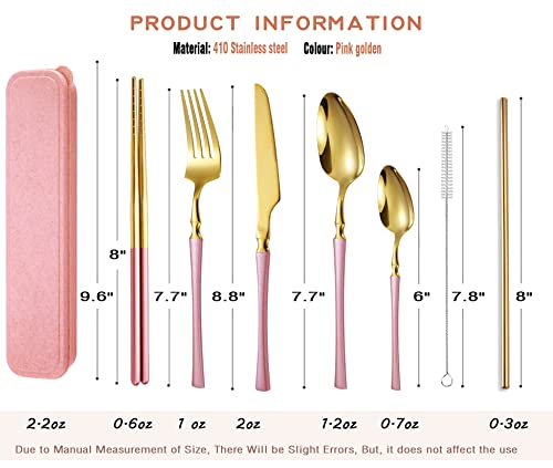 AARAINBOW 7 Pieces Stainless Steel Flatware Set Portable Reusable Cutlery Set Travel Utensils Set Including Chopsticks Knife Fork Spoon Straws Cleaning Brush Dishwasher Safe (B-Pink Golden) - color: B-Pink Golden