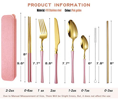 AARAINBOW 7 Pieces Stainless Steel Flatware Set Portable Reusable Cutlery Set Travel Utensils Set Including Chopsticks Knife Fork Spoon Straws Cleaning Brush Dishwasher Safe (B-Pink Golden) - color: B-Pink Golden
