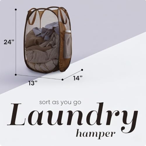 Handy Laundry Collapsible Mesh Pop Up Laundry Hamper with Side Pocket, Breathable & Space-Saving Foldable Basket for Clothes, Toys, Travel, Storage, 14 x 13 x 24 in, Brown - color: Brown
