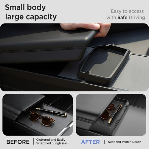 8PCS Center Console Organizer for Tesla Model Y Juniper Accessories 2026 2025 & for Tesla Model 3 Accessories 2024-2026 [Slide Smoothly & US Patent] Charging Pad Sunglasses Cup Holder Black