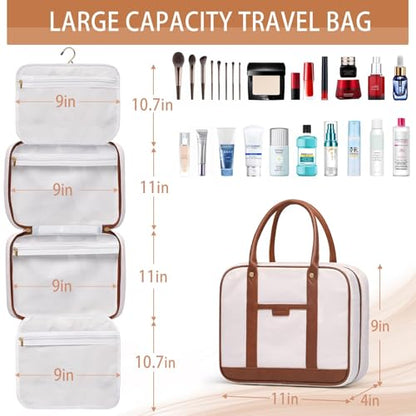 Bosidu Hanging Travel Toiletry Bag,Large Capacity Cosmetic Travel Toiletry Organizer for Women with 4 Compartments & 1 Sturdy Hook,Perfect for Travel/Daily Use/Christmas - color: P-Beige