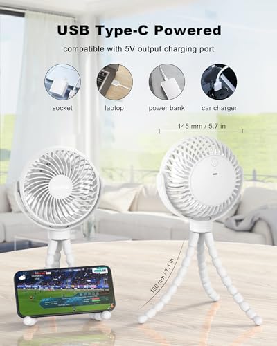 Coohea Stroller Fan Clip on for Baby, 4000mAh Rechargeable Battery Operated, Flexible Tripod, 3 Wind Speed, 360° Rotatable, Small Portable Fan for Car Seat Crib Golf Cart Bike Beach Travel, White - color: White