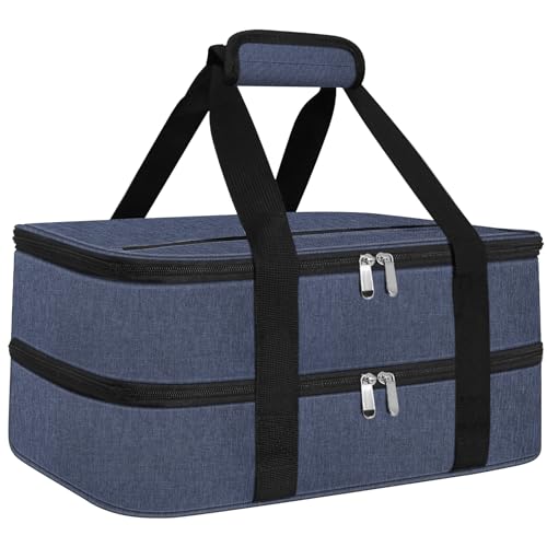 esouler Double Insulated Casserole Carrier Bag Hot & Cold Food Carrier Bag Lasagna Holder Lunch Bag for Picnics, Parties, Travel, Fits 9 x 13 Inches Casserole Dish-Blue - color: Blue, size: 16x10x7.2 in