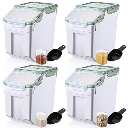Sunnyray 4 Pcs 33 lbs Grain Rice Storage Container Flour Bin with Wheels Cup Leak Proof Pet Food Storage Boxes Seal Locking Lid Plastic Rice Containers Set for Cereal Flour Cat Dog Food (Green) - color: Green, size: 33 lbs