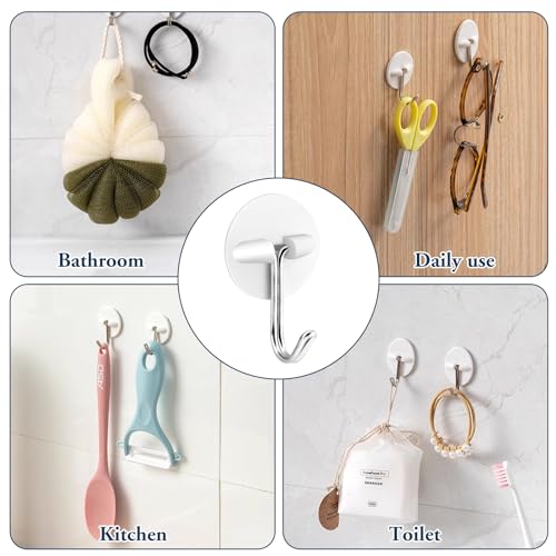 24pcs Round Plastic Hooks - Small Self Stick Hooks for Hanging, White, Waterproof & Oil Proof for Kitchen Utensils