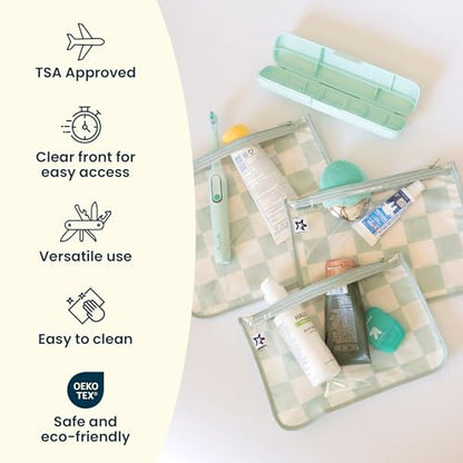 Tiny Twinkle Diaper Bag Organizing Pouches|3 Pack Mess-Proof Clear Front Travel Organizer Bags&TSA Approved Toiletry Bag Set for Baby and Mom Essentials - color: Royal Palm