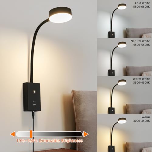 LED Wall Mounted Reading Light for Bed-1pk | Flexible Gooseneck Touch Dimmable Bedside Lamp with USB-A/C Port - size: 1Pack