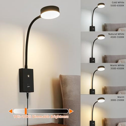 LED Wall Mounted Reading Light for Bed-1pk | Flexible Gooseneck Touch Dimmable Bedside Lamp with USB-A/C Port - size: 1Pack