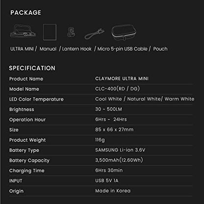 CLAYMORE Ultra Mini (Dark Gray) - Outdoor Rechargeable LED Light for Camping, Tent, Backpacking, Emergency and Industrial Use. Waterproof, Portable Lantern with USB-C, Up to 24 Hours Battery Life. - style: Dark Gray (Ultra)