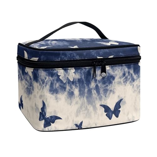 Flashideas Blue Butterfly Print Makeup Bag Large Opening Design Makeup Bag Cosmetic Organizer Storage Case Makeup Organizer Bag for Travel with Makeup Brushes Compartments - color: Blue Butterfly Print