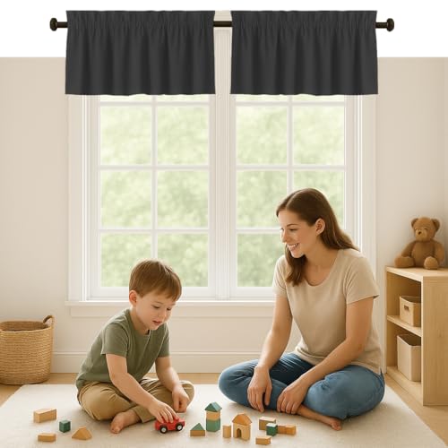 Grey Valance Curtains 2 Pack, 54x18 Inches, 100% Cotton, Rod Pocket Window Valances, Semi Sheer Short Curtain Panel for Kitchen, Farmhouse, Café, Bedroom, Bathroom, Living Room Décor - color: Grey, size: 18"W x 54"L (Pack of 2)
