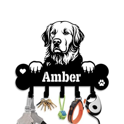 NIWAHO Dog Leash Holder Wall Mount Personalized Name - Custom Golden Retriever Metal Sign with Bone Key Hooks, Pet Leash and Key Organizer for Entryway - color: Golden Retriever