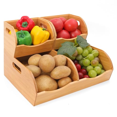 Stackable Bamboo Pantry Organizer - 3-Piece Storage Basket Set for Potato, Onion & Kitchen Cabinet, Tool-Free Assembly, Multi-Size Bins