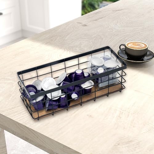 TIEYIPIN Black Metal Wire Storage Baskets with Wood Bottoms, Bathroom Storage Organizer Basket Bins, Set of 2 - Includes 2 Bonus Adhesive Hooks for Easy Wall Mounting