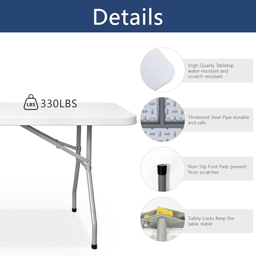 6ft Folding Table with Handle, Portable Plastic Table, White | Heavy Duty & Foldable, Fold in Half Table with Steel Frame, Indoor & Outdoor Use, Perfect for Camping, Picnic, Wedding, Party - size: 6FT