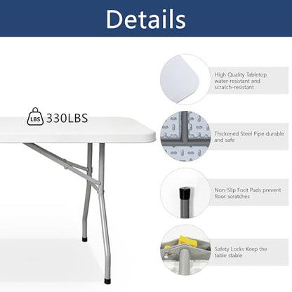 6ft Folding Table with Handle, Portable Plastic Table, White | Heavy Duty & Foldable, Fold in Half Table with Steel Frame, Indoor & Outdoor Use, Perfect for Camping, Picnic, Wedding, Party - size: 6FT