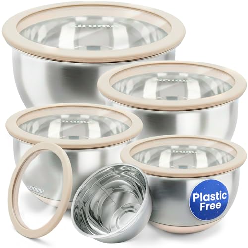 Non-Toxic Stainless Steel Mixing Bowls, Glass Lids, Plastic Free, 5-Pcs | LFGB platinum silicone seal. Keeps food fresh longer. Airtight. Non-slip silicone base. Dishwasher safe. Measurement marks.