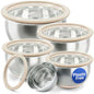 Non-Toxic Stainless Steel Mixing Bowls, Glass Lids, Plastic Free, 5-Pcs | LFGB platinum silicone seal. Keeps food fresh longer. Airtight. Non-slip silicone base. Dishwasher safe. Measurement marks.
