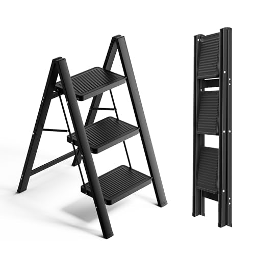 SOLADDER Step Ladder 3 Step Folding, Small Step Stool for Adults, Portable Anti-Slip Iron Stepladder with Wide Pedals for Home and Kitchen Use, Space Saving - Black (300 lbs) - color: Black, size: 3 Step