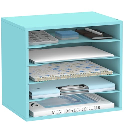 SUPEASY Wood Desk Organizer, 5 Tier Paper File Organizer for Desk, Wooden Desktop Organizer, Paper Letter Literature Mail Sorter, for Office School & Home Organization, Blue - color: Blue, size: 13.4" x 9.1" x 12", style: 5 Compartments