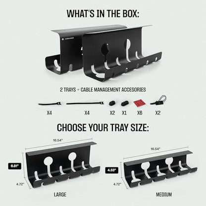 No-Drill Under Desk Cable Management Tray - 2-Pack Wire Organizer for Standing Desk - Cord Management System with Power Strip Holder - L - size: Large