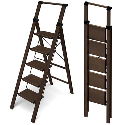 HillhutApex 5 Step Foldable Aluminum Step Ladder with Handgrip, Anti-Slip Pedal, 330lbs Capacity, Lightweight & Portable for Home, Kitchen, Office, Garage (Walnut) - color: Walnut, size: 5 Step With Handrail