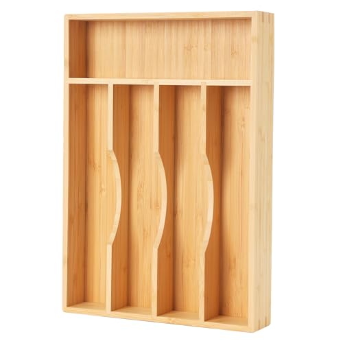 Upassion Bamboo Kitchen Drawer Organizer, 9 Inch Silverware Utensil Holder for Samll Drawer, Narrow Silverware Organizer for Cutlery Knives - size: 9 x 13 inch (5 Slots)