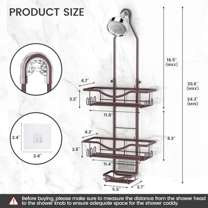 REINHARDT Shower Caddy Hanging Adjustable, Extended Length Rustproof Showers Caddy Over Showerhead with Hooks Soap Holder, Large Capacity Shower Organizer Anti-Swing Bathroom Organizer, Bronze - color: Bronze