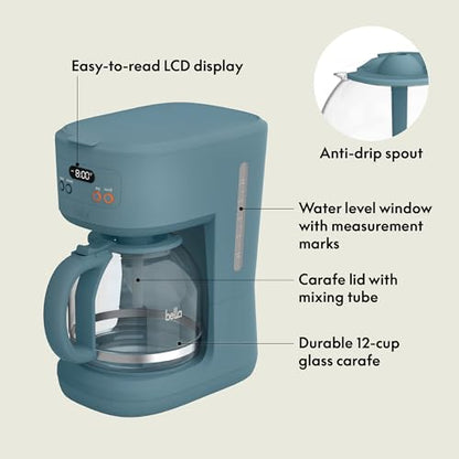 bella 12 Cup Programmable Coffee Maker, Reusable Dishwasher Safe Accessories, Easy LCD display, Auto Shutoff, 900 watt, Surf - color: Surf