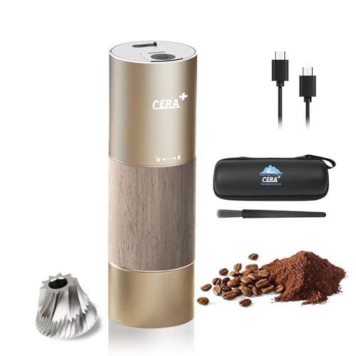 CERA+ CGE01 Portable Burr Coffee Grinder Electric Espresso Grinder Machine Suitable for Travel,Camping,Hiking with Bag,Gold - color: Champagne Gold