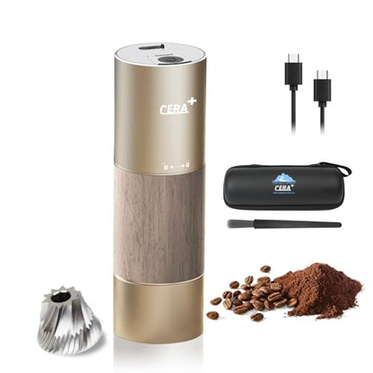 CERA+ CGE01 Portable Burr Coffee Grinder Electric Espresso Grinder Machine Suitable for Travel,Camping,Hiking with Bag,Gold - color: Champagne Gold
