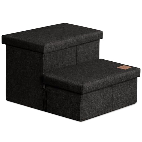 Love's cabin Dog Stairs with Storage 13" H, Foldable Pet Stairs for Small Medium or Large Dogs, Cat Puppy Steps Ramp with Zip up to 150 lbs, Black, 2 Steps - color: Black, size: 19" X 17" X 13" H