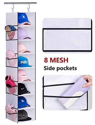 MISSLO 8-Shelf Hanging Shoe Organizer Clothes Closet Organizers and Storage Shelves Hat Holder with Large Shelf and Side Mesh Pockets for Hats Handbags Kid Sweater (White)