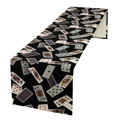 Poker Table Runner Falling Playing Cards Black Background Pattern Decor for Indoor Outdoor Party Dinner Festival Rustic Farmhouse Holiday Home Kitchen Dining Room, 13x36in - color: Poker-black, size: 13x36in