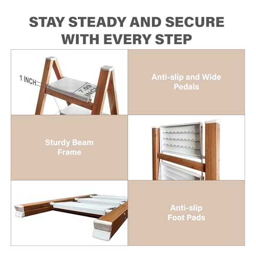 3 Step Ladder, Folding Aluminum Step Stool with Anti-Slip Wide Steps for Adults, Ideal for Kitchen, Closet, Bedroom, 330 lbs Capacity (Woodgrain) (Light Woodgrain, 3 Step) - color: Light Woodgrain