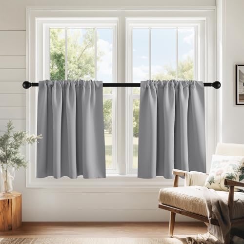 PONY DANCE Silver Grey Short Window Curtains for Kitchen 24 inch Long, 2 Panels Set Half Window Drapes for Bedroom Basement, Blackout Small Curtains for Travel Trailers, Width 29 x Length 24 inches - color: Sliver Grey, size: 29"W x 24"L (Pack of 2)