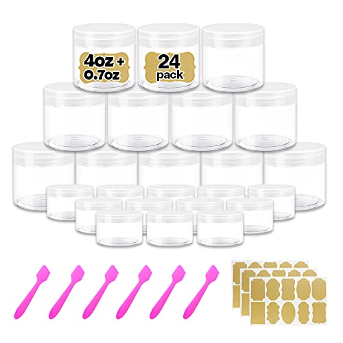 4 oz Clear Small Plastic Containers with Lids + 20g/20ml Small Containers with Lids (Set of 24) Cosmetic Sample Jar Plastic Jars - for Lip Scrub, Body Butters, Cream, Slime, Craft Storage - color: Clear Lid, size: 4 OZ + Sample Jars