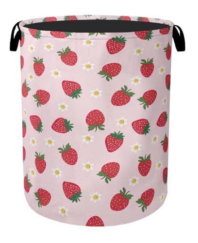 Cute Pink Strawberry Laundry Basket, Extra Large Foldable Hamper for Bathroom/Laundry/Bedroom/Dorm, Washable Fabric Storage Bin with Handle - color: Cute Pink Strawberry