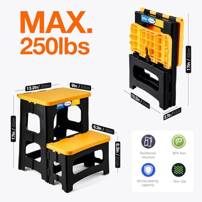 Korpai Folding 2 Step Stools,8" & 17" Dual Heights,Foldable Step Stool for Adults and Kids,Hold up to 250lbs,Collapsible Step Stool for Kitchen Bedroom Office Bathroom RV, Yellow - color: Yellow