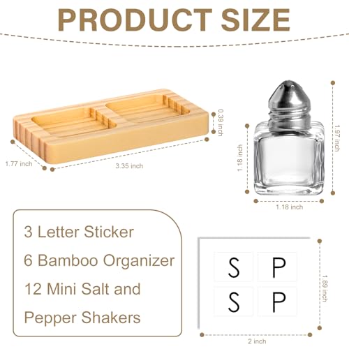 12 Pcs Mini Salt and Pepper Shakers Set with 6 Wood Organizer Sticker 0.5 oz Small Glass Salt and Pepper Shakers Bulk Tiny Individual Salt and Pepper Shakers Cube Spice Jars for Travel Party Camping