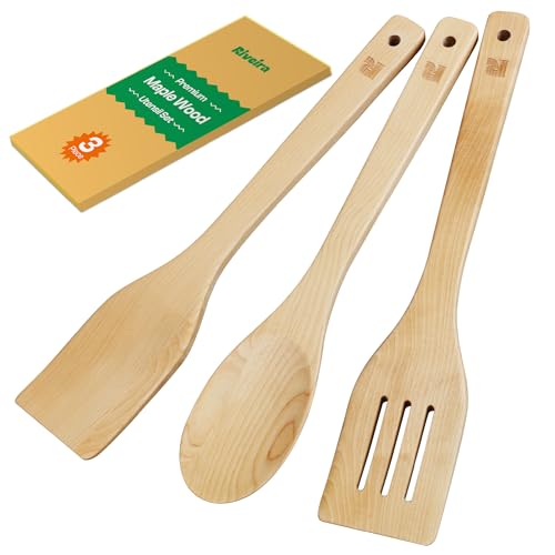 Riveira Maple Wooden Spoons for Cooking Set of 3 – Natural Maple Wooden Cooking Utensils, Wooden Spatula, Wooden Spoon - Premium Quality Utensil Set for Non-Toxic Cooking - color: Maple, size: Set of 3
