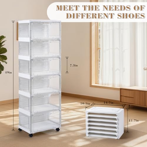 SAYMA LED Shoe Storage Box, Clear Shoe Storage Organizer with Magnetic Door, Stackable Plastic Shoe Cabinet with Wheels, Foldable Shoe Rack for Closet, Easy Assembly Shoe Cabinet for Entryway - size: 6 Tiers with Light