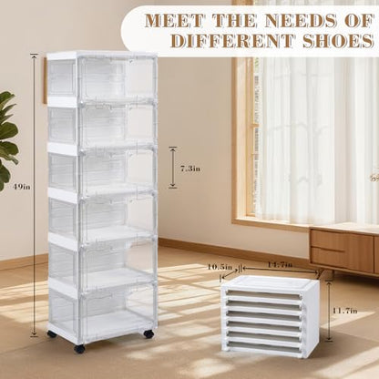 SAYMA LED Shoe Storage Box, Clear Shoe Storage Organizer with Magnetic Door, Stackable Plastic Shoe Cabinet with Wheels, Foldable Shoe Rack for Closet, Easy Assembly Shoe Cabinet for Entryway - size: 6 Tiers with Light