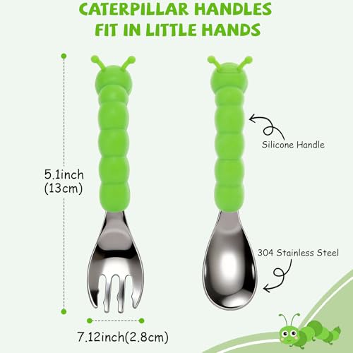 Toddler Utensils, Stainless Steel Baby Forks and Spoons Set Caterpillar Silicone Handle, Kids Silverware with Portable Storage Case, Baby Feeding Essentials, Dishwasher Safe (Green) - color: Green