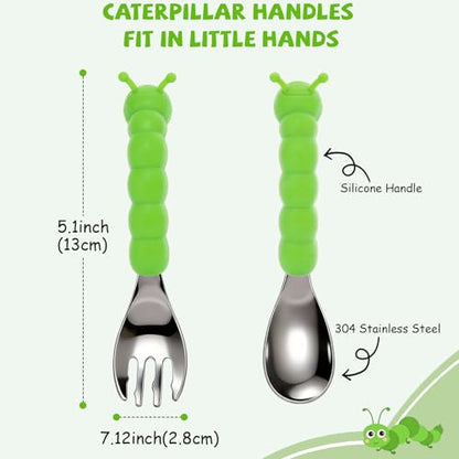 Toddler Utensils, Stainless Steel Baby Forks and Spoons Set Caterpillar Silicone Handle, Kids Silverware with Portable Storage Case, Baby Feeding Essentials, Dishwasher Safe (Green) - color: Green